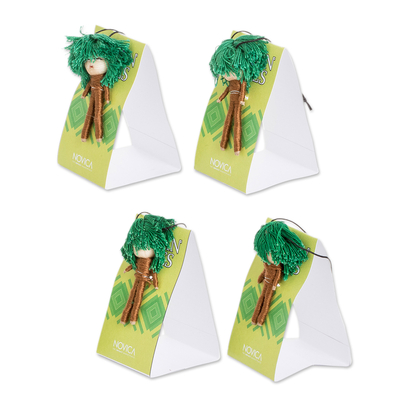 Sorgenpuppen aus Baumwolle, (4er-Set) - Set mit 4 handgefertigten Sorgenpuppen aus Baumwolle und Cibaque-Baum