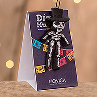 Cotton worry doll, 'Traditional Skull' - Cotton Day of The Dead Worry Doll Handmade in Guatemala