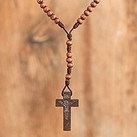 Wood rosary pendant necklace, 'Cross of Adoration' - Wood Rosary Pendant Necklace Handcrafted in Costa Rica