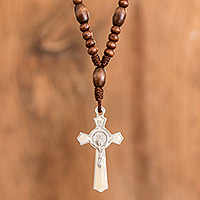 Wood decennary rosary pendant necklace, 'Hope and Love' - Handmade Wood and Pewter Decennary Rosary Pendant Necklace