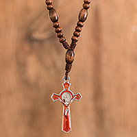 Wood decennary rosary pendant necklace, 'Hope and Love in Red' - Handmade Wood and Pewter Decennary Rosary Pendant Necklace