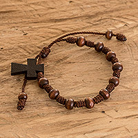 Wood decennary rosary charm bracelet, 'United Strength' - Wood Decennary Rosary Unisex Bracelet with Cross Charm