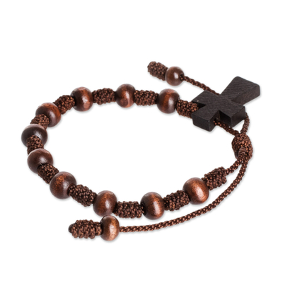 Wood Decennary Rosary Unisex Bracelet with Cross Charm