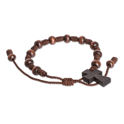 Rosenkranz-Charm-Armband aus Holz - Holz-Rosenkranz-Unisex-Armband aus Holz mit Kreuzanhänger