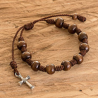 Wood decennary rosary charm bracelet, 'Holy Hope' - Wood Decennary Rosary Bracelet with Pewter Cross Charm