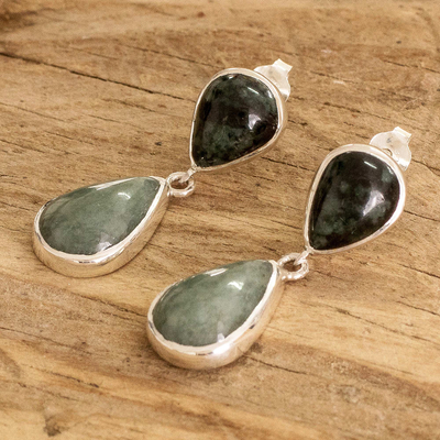 Jade dangle earrings, 'Balance Duo' - Sterling Silver Drop-Shaped Dangle Earrings with Jade Stones