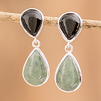 Jade dangle earrings, 'Twin Guardians' - Sterling Silver Dangle Earrings with Black and Green Jade
