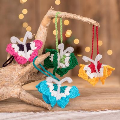 Crocheted ornaments, 'Colorful Magic' (set of 4) - Set of 4 Crocheted Butterfly Ornaments in Colorful Palette