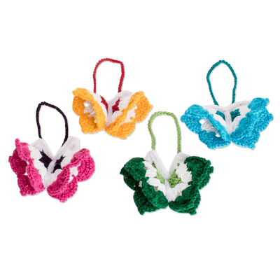 Crocheted ornaments, 'colourful Magic' (set of 4) - Set of 4 Crocheted Butterfly Ornaments in colourful Palette