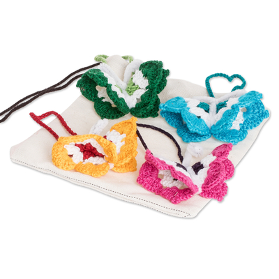 Crocheted ornaments, 'colourful Magic' (set of 4) - Set of 4 Crocheted Butterfly Ornaments in colourful Palette
