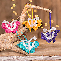 Crocheted ornaments, 'Hopeful Magic' (set of 4) - Set of 4 Crocheted Butterfly Ornaments in Multicolor Palette