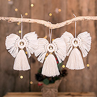 Macrame beaded ornaments, 'Angels of Light' (set of 3) - Set of 3 Angel-Themed Macrame Ornaments with Glass Beads