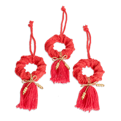 Macrame beaded ornaments, 'The Sweetness of Christmas' (set of 3) - 3 Macrame Glass Beaded Christmas Ornaments in Red and Gold