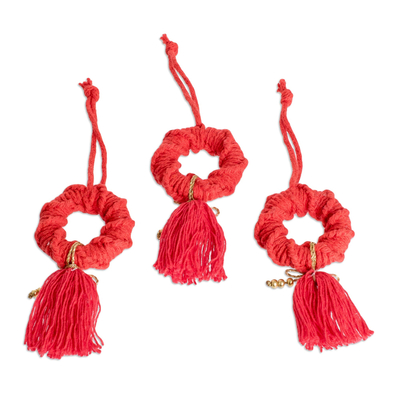 Macrame beaded ornaments, 'The Sweetness of Christmas' (set of 3) - 3 Macrame Glass Beaded Christmas Ornaments in Red and Gold