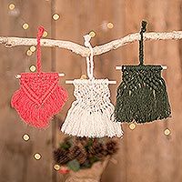 Cotton ornaments, 'Colorful Forest' (set of 3) - Set of 3 Macrame Cotton Ornaments with Pine Wood Rods