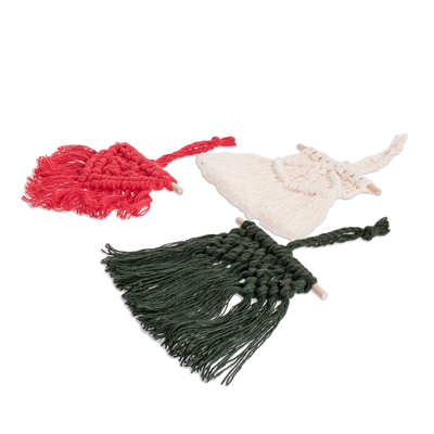 Cotton ornaments, 'colourful Forest' (set of 3) - Set of 3 Macrame Cotton Ornaments with Pine Wood Rods
