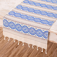 Camino de mesa de algodón, 'Azure Diamond' - Camino de mesa de algodón con flecos tejido a mano en azul marfil y gris