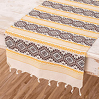 Cotton table runner, 'Gold Diamond' - Hand-Woven Ivory Brown & Yellow Fringed Cotton Table Runner