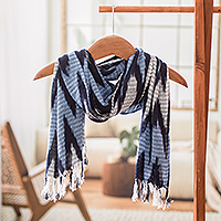 Rayon scarf, 'The Ocean' - Hand-Woven White and Blue Rayon Scarf with Zigzag Pattern