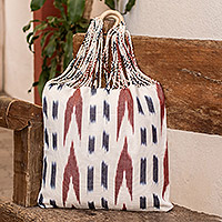 Baumwoll-Einkaufstasche, „Casual Look“ – handgewebte gemusterte Baumwoll-Einkaufstasche in Elfenbeinblau und Braun