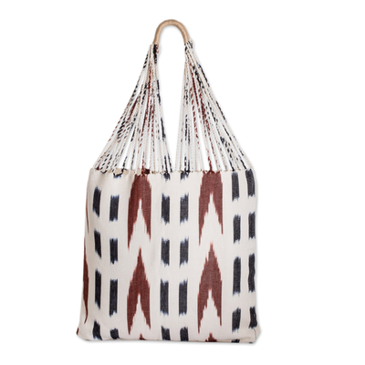 Hand-Woven Patterned Cotton Tote Bag in Ivory Blue and Brown