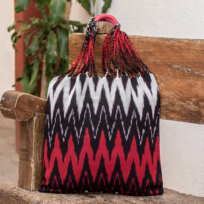 Cotton tote bag, 'Volcano' - Hand-Woven Patterned Cotton Tote Bag in Red Black and White