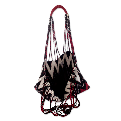 Cotton tote bag, 'Volcano' - Hand-Woven Patterned Cotton Tote Bag in Red Black and White