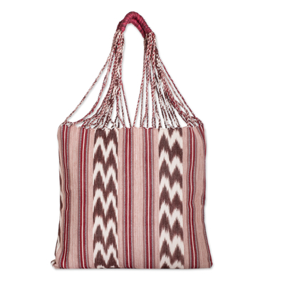 Hand-Woven Patterned Cotton Tote Bag in Red Brown and Ivory