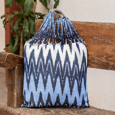 Cotton tote bag, 'Oceanic' - Hand-Woven Patterned Cotton Tote Bag in Blue and Ivory