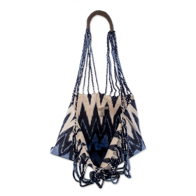 Baumwoll-Einkaufstasche - Handgewebte gemusterte Baumwoll-Einkaufstasche in Blau und Elfenbein
