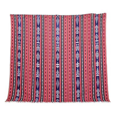 Überwurfdecke aus Baumwolle - Rot und blau gestreifte handgewebte Baumwolldecke