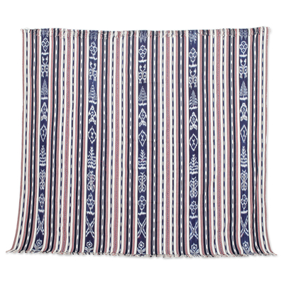 Cotton throw blanket, 'Fresh and Cool' - Blue and Red Hand-Woven Cotton Throw Blanket with Stripes