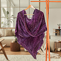 Cotton blend poncho, 'Purple Charm' - Cotton Blend Twisted Front Fringed Poncho in Purple Hues