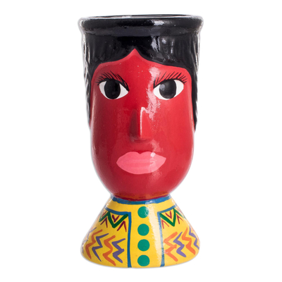 Ceramic flower pot, 'St. John' - Double Face Ceramic Flower Pot Hand-Painted in Guatemala