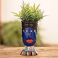 Ceramic flower pot, 'St. Anthony' - Blue Hand-Painted Double Face Ceramic Flower Pot