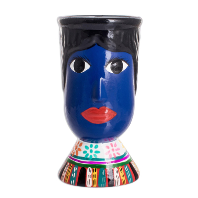 Ceramic flower pot, 'St. Anthony' - Blue Hand-Painted Double Face Ceramic Flower Pot