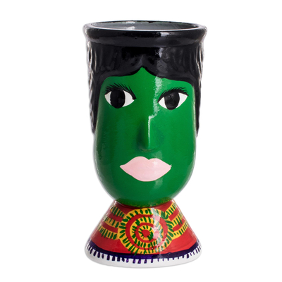 Ceramic flower pot, 'St. Martin' - Double Face Ceramic Flower Pot Hand-Painted in Guatemala
