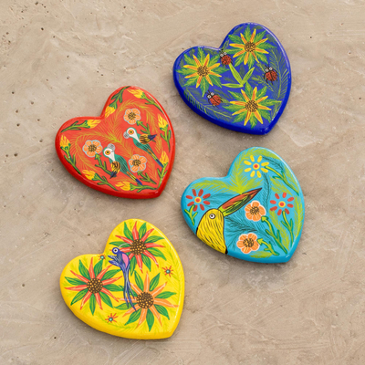 4 Heart-Shaped Ceramic Magnets with Hand-Painted Motifs - Hearts