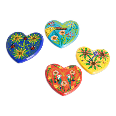 Ceramic magnets, 'Hearts' (set of 4) - 4 Heart-Shaped Ceramic Magnets with Hand-Painted Motifs