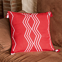 Cotton cushion cover, 'Red Directions' - Handloomed Geometric Red and White Cotton Cushion Cover