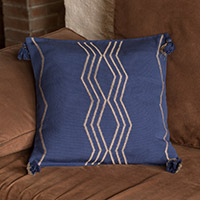 Cotton cushion cover, 'Indigo Directions' - Handloomed Geometric Indigo and Beige Cotton Cushion Cover