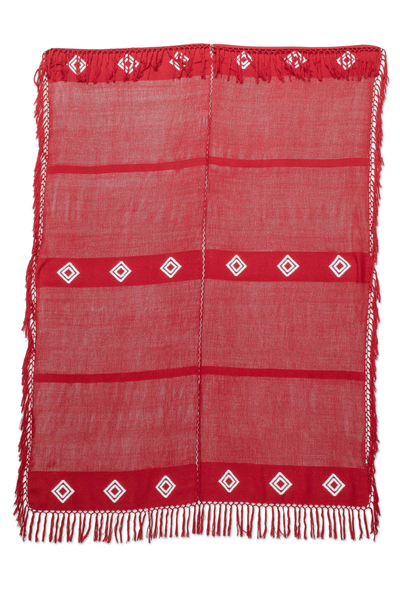 Cotton throw, 'Red Ways' - Handloomed Red and White Cotton Throw with Geometric Motifs