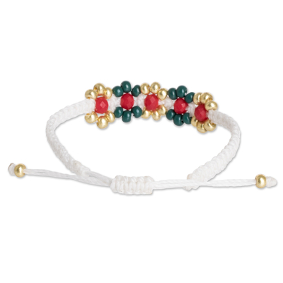 Macrame beaded wristband bracelet, 'The Sweet Wait' - Crystal and Glass Beaded Macrame Floral Wristband Bracelet