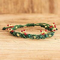 Macrame beaded wristband bracelet, 'Mistletoe' - Green Macrame Mistletoe Wristband Bracelet with Glass Beads