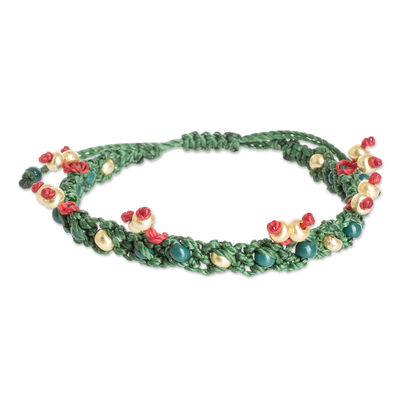Green Macrame Mistletoe Wristband Bracelet with Glass Beads