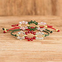 Macrame beaded wristband bracelets, 'Christmas Glitter' (pair) - 2 Macrame Wristband Bracelets with Crystal and Glass Beads