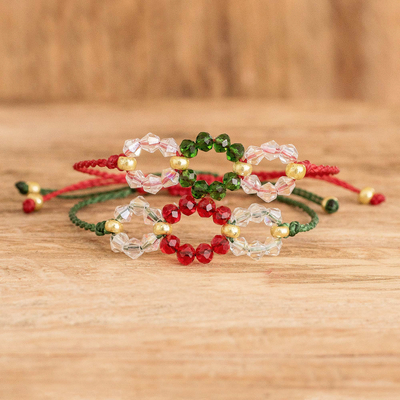 Macrame beaded wristband bracelets, 'Christmas Glitter' (pair) - 2 Macrame Wristband Bracelets with Crystal and Glass Beads