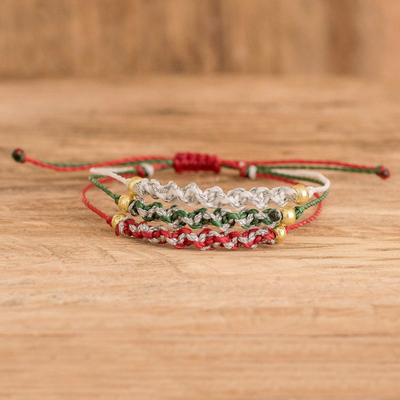 Macrame beaded wristband bracelet, 'Family Tradition' - Three-Strand Macrame Wristband Bracelet with Glass Beads