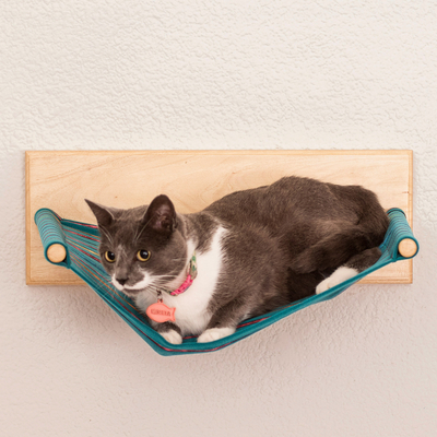 Katzenhängematte aus Baumwolle - Gestreifte Katzenhängematte aus blaugrüner Baumwolle mit stabilem Holzsockel