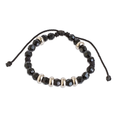 Beaded macrame bracelet, 'Shimmering Crystals' - Macrame Wristband Bracelet with Crystal Beads in Black